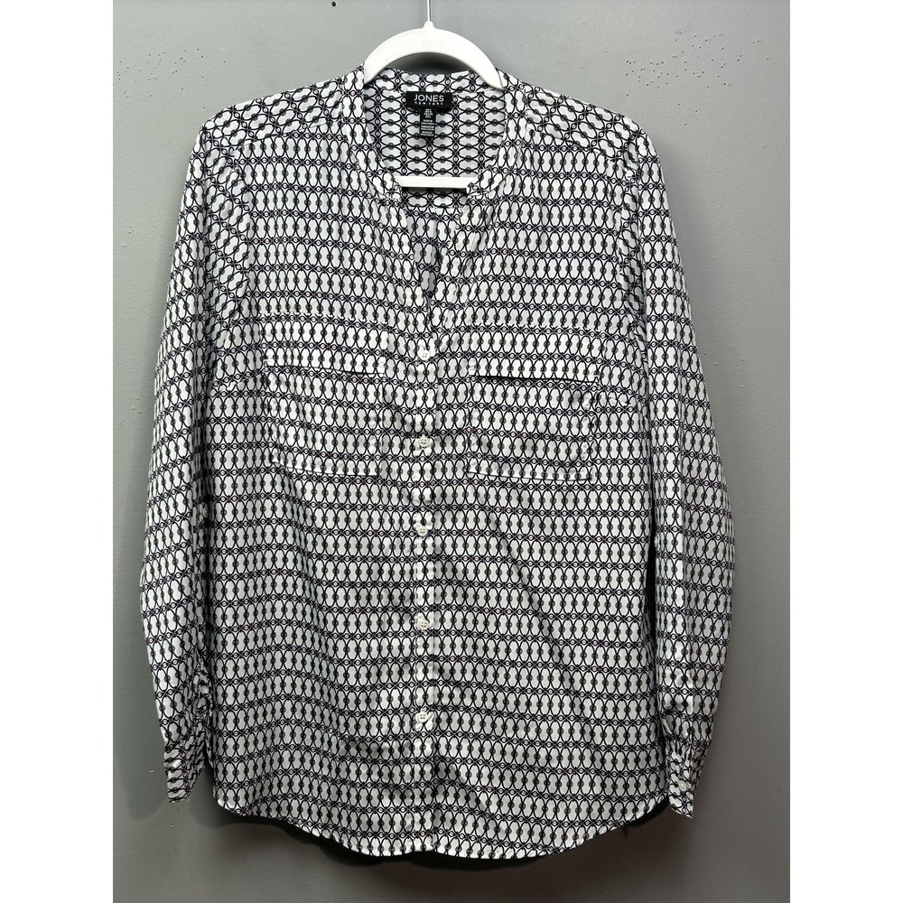 Jones New York Shirt Womens Large Black White Geometric Print Blouse Top